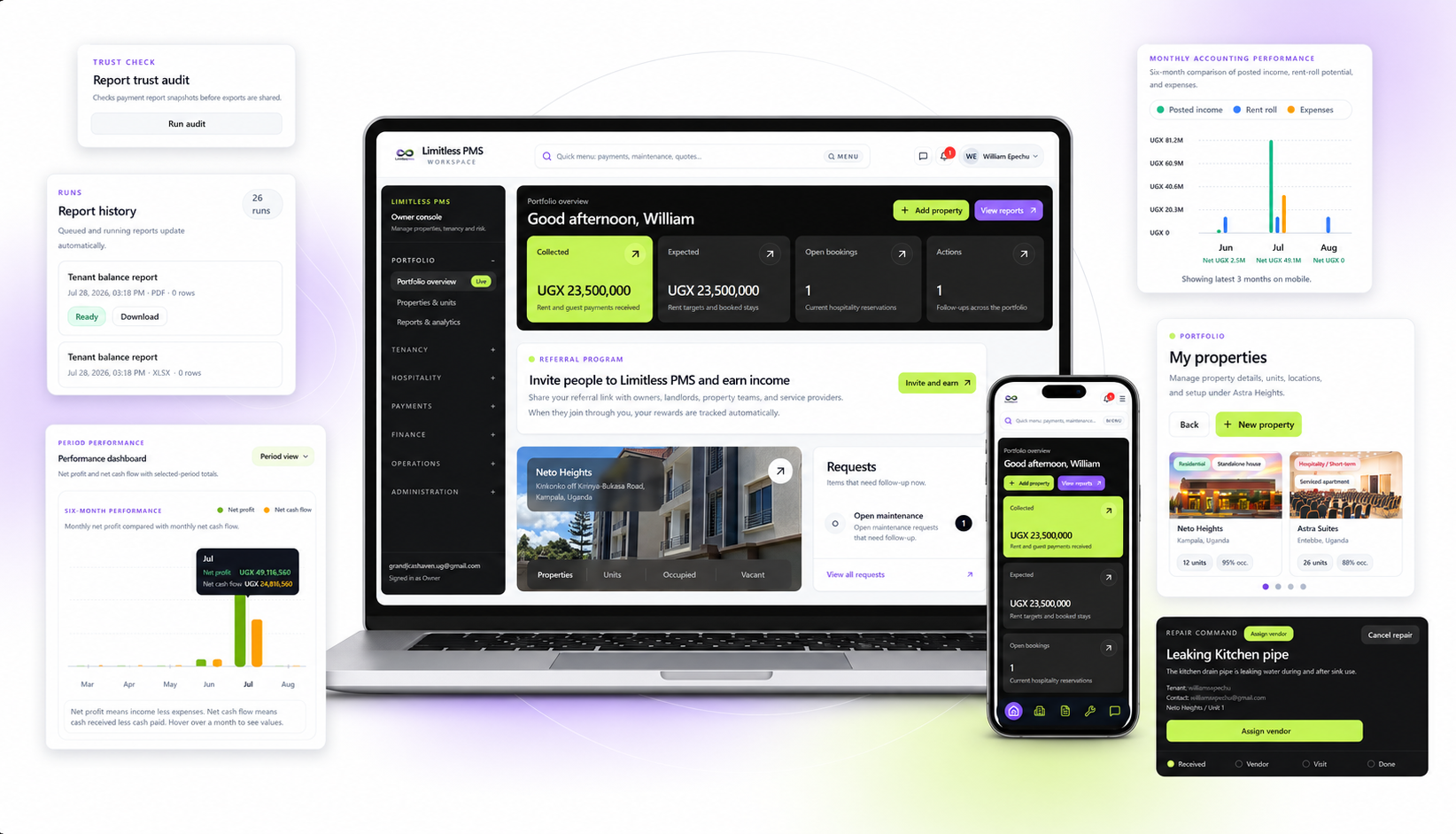 Limitless PMS workspace shown on desktop and mobile screens